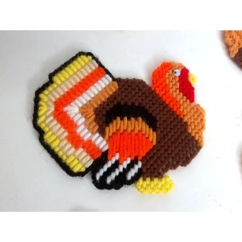 Vintage Plastic Canvas Needlepoint Thanksgiving Holiday Coasters Caddy Set of 12
